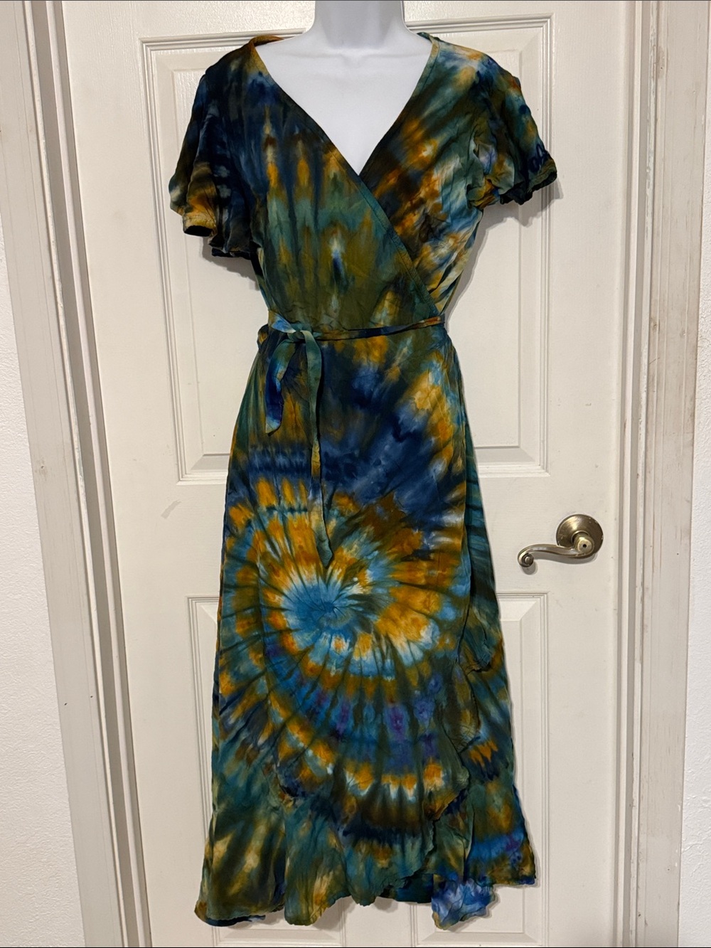 Tie-Dye Wrap Maxi Dress in Teal & Mustard